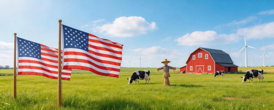 Idyllic rural American farm scene with red barn, grazing cows, windmills, and US flags. Green pastures, clear sky, and a straw man figure highlight agricultural landscape.