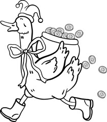 Obraz premium Cute goose with gold pot backpack cartoon outline hand drawn illustration
