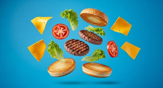 Exploded View of Burger Ingredients Floating on Blue Background.