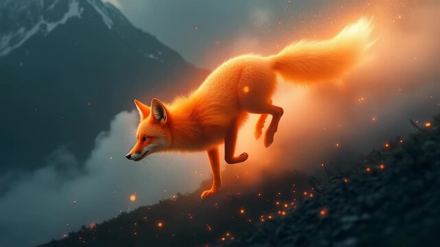 Nine-tailed fox kitsune running through clouds, ethereal transparent orange fur glowing, dark Japanese mountain landscape dramatic, traditional mythology surreal supernatural concept
