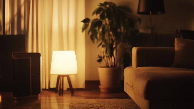 Cozy living room bathed in warm golden lamp light, modern sofa and wooden floor, houseplant accent, soft rug and calming evening atmosphere for relaxed home comfort