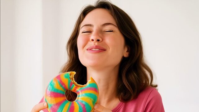 Woman takes bites from a colorful donut showing joy and happiness while savoring the taste in a bright indoor space