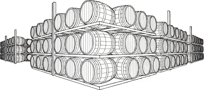 Rows of wooden barrels stacked high on metal shelves in a storage facility