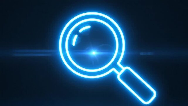 Bright blue neon magnifying glass icon illuminates a dark digital background.