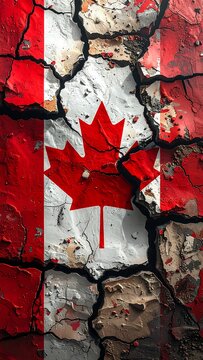 Cracked surface displaying Canada's flag, with vivid red and white colors on a textured, damaged background