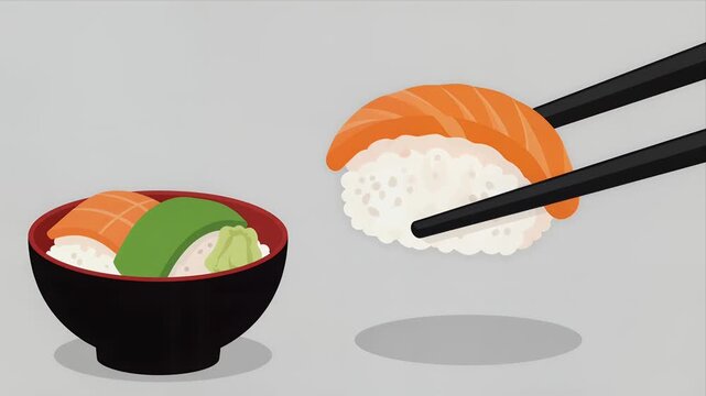 Animated Chopsticks Lifting Sushi From Bowl With Wasabi And Ginger Garnish Against Minimalist Gray Backdrop