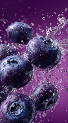 Fototapeta premium Blueberries fall into water creating splashes against a purple background. The scene captures the freshness of the fruit and the dynamic movement of water