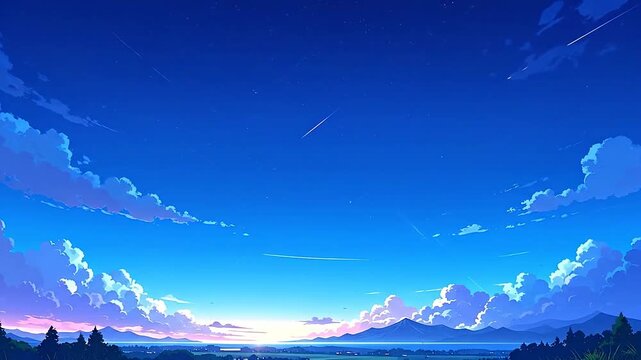 Shooting stars streak across the twilight sky, illuminating the landscape below with their