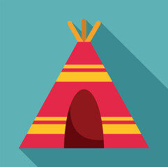Red tepee tent with yellow stripes on a blue background creating a long shadow © anatolir