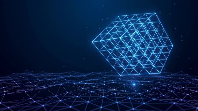 Quantum lattice. Digital ai grid background tunnel abstract glowing cube with connected points network lines dots dark space futuristic