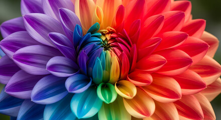 Fototapeta premium Vibrant Rainbow Dahlia Flower Close-up, Colorful Petals, Macro Photography, Nature Bloom