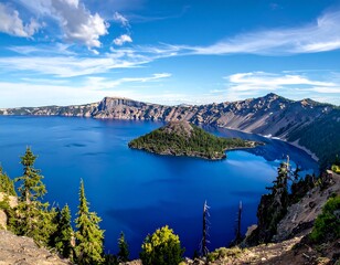 Deep blue lake surrounded by rocky cliffs and green pine trees under a bright blue sky with fluffy white clouds