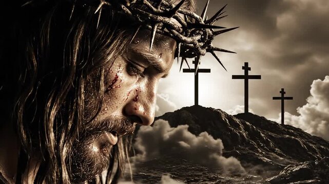 Suffering person wearing crown of thorns with blood and sweat on face, looking down, set against three crosses on a rocky hill under a dramatic sky