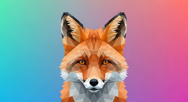 Low Poly Geometric Fox Illustration with Colorful Gradient Background