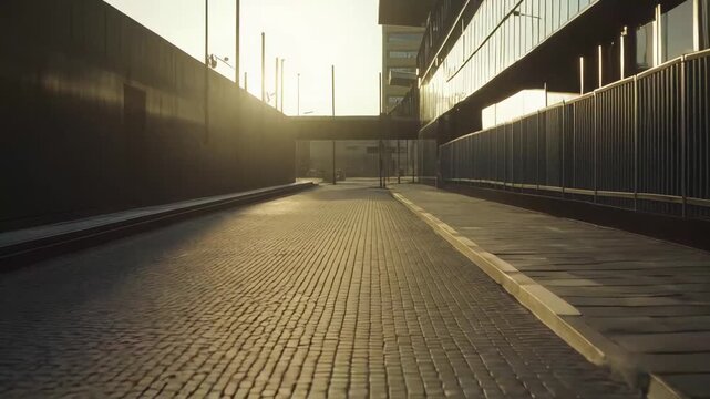 Empty cobblestone pathway flanked by modern buildings, bathed in warm sunset glow, minimalist urban scene with clean lines, long shadows and a calm, peaceful atmosphere