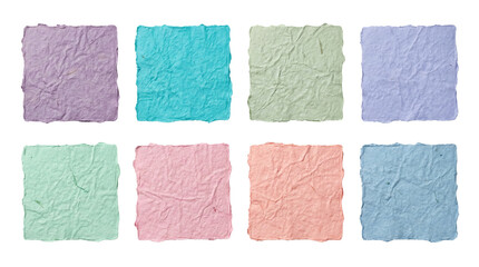 Fototapeta premium Eight handmade mulberry paper squares in various pastel colors, each with a rough, deckled edge and a distinct crinkled texture, isolated. isolated PNG with Transparent Background
