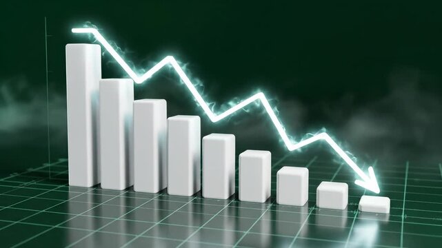 Animated decreasing bar chart with a glowing neon line graph illustrating a downward trend on a dark green grid background