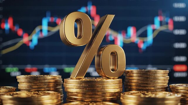 Golden percentage symbol forms on stacks of coins against a blurred stock market chart background