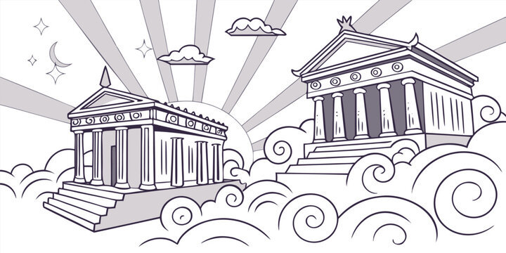 Mythical Greek temples situated atop clouds with rising sunbeams signifying celestial divine majesty and power