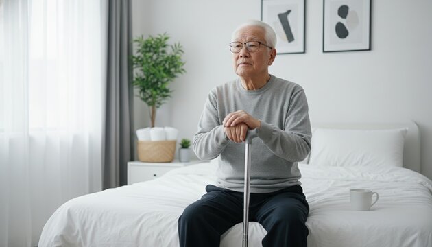 elderly man, senior citizen, walking cane, lonely, retirement, asian, health care, pensive senior man sitting on a bed in a bright bedroom holding his cane and reflecting on aging.