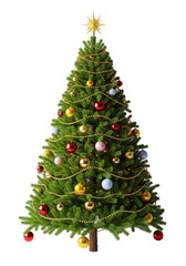 Fototapeta premium magnificent evergreen christmas tree decorated with red, gold, pink baubles, warm fairy lights, and a golden star topper, isolated on a clean transparent studio background. concept of festive holiday