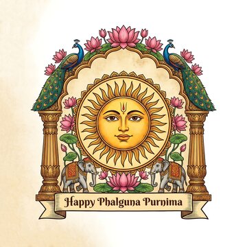 Traditional illustration celebrating phalguna punim with vibrant floral and bird decorations.