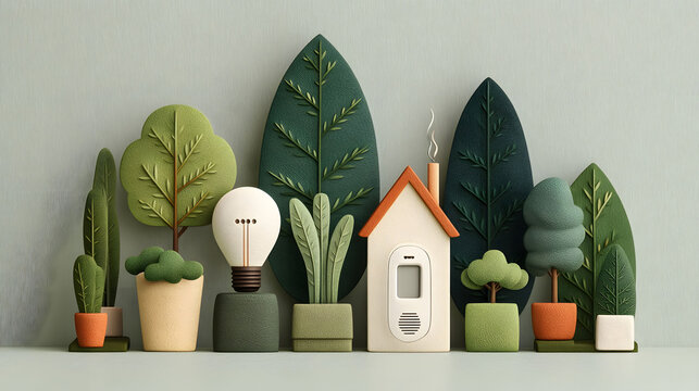 Illustrated scene featuring an eco-friendly house surrounded by stylized trees, plants, and eco elements. the minimalist design highlights sustainability and green energy, perfect for environmental pr