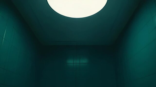 Circular ceiling light provides a stark glow, dramatically casting shadows on the dark, reflective, teal tiled walls, creating a minimalist and somber atmosphere