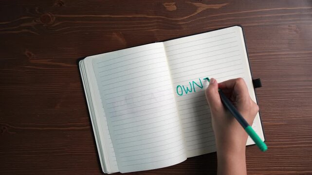 ownership concept background video, bold letters with word OWNERSHIP in green marker on diary page