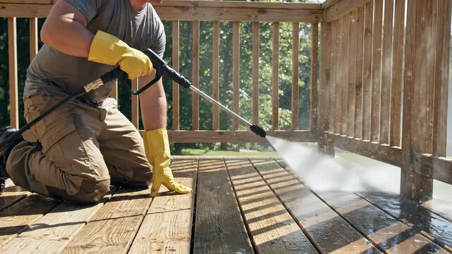 Person cleaning dirty wooden deck with power washer, removing grime from outdoor patio planks, home maintenance