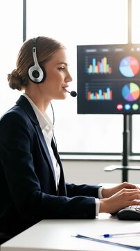 Professional woman in headset conducts online meeting. Engaged in discussion, she analyzes data on screen. Vertical setup creates modern working atmosphere.