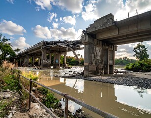 Destroyed concrete bridge spanning muddy river, featuring crumbling structures against a partly cloudy sky