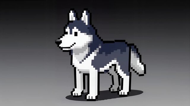 Pixelated Husky Dog Standing Still Against Gradient Gray Background In Retro Video Game Art Style Ideal For Digital Projects