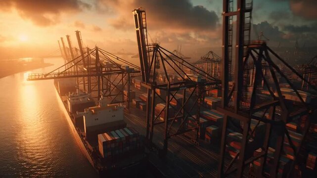 Container port at sunset with cargo ships and cranes