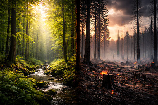 Juxtaposition of a thriving forest and a devastated landscape, a visual allegory of environmental change