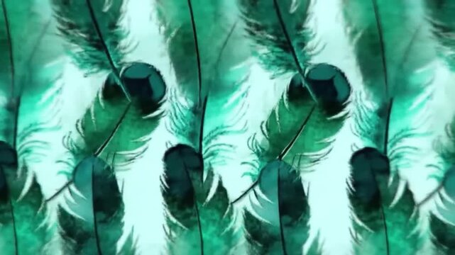 Repeating pattern of vibrant green and black feathers creates a striking