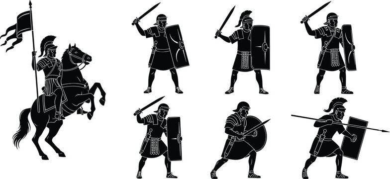 Ancient Roman soldiers silhouettes set, legionary warriors with shield sword spear, cavalry, gladiator fighters, black illustration isolated collection