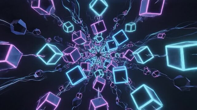Abstract tunnel of glowing neon cubes and electric lines creating a futuristic