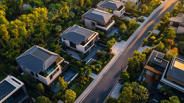 Top-down aerial view of modern residential neighborhood with green gardens