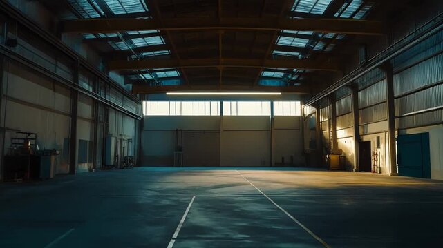 Industrial warehouse interior featuring a vast, empty concrete floor with light entering through large windows, creating a sense of space, abandonment, and potential for new business development
