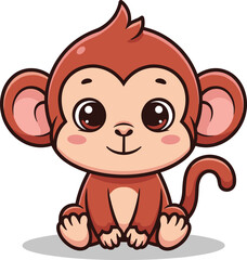 Fototapeta premium Cute baby monkey cartoon character sitting and smiling, kawaii animal mascot illustration for kids design and nursery decor