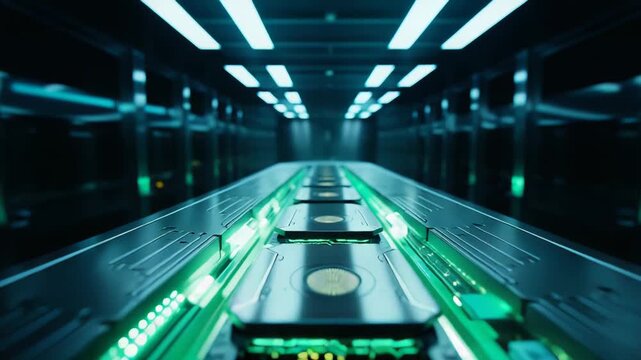Futuristic server corridor lined with glowing green leds and sleek racks, evoking high speed data flow, cloud infrastructure, ai computing and secure digital networking