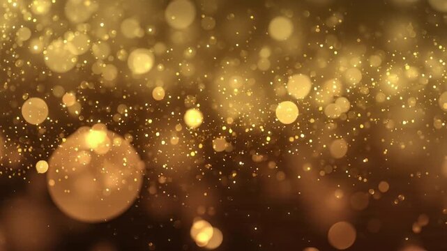 Abstract Christmas festive gold motion background with defocused round glowing bokeh lights. Particle shine. 