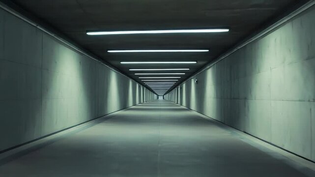 Concrete tunnel corridor stretches to a vanishing point, lit by fluorescent ceiling lamps and spotlights casting geometric shadows along sleek, minimalist walls