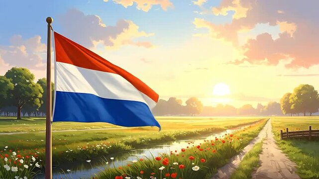 The flag of the Netherlands flutters gently in the breeze over a scenic landscape.