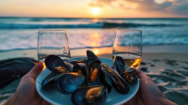 clams and wine on the background of the beach. Selective focus