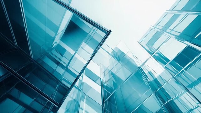 Modern architecture featuring a geometric glass facade of a contemporary building reflecting light, creating an abstract and dynamic perspective of urban design