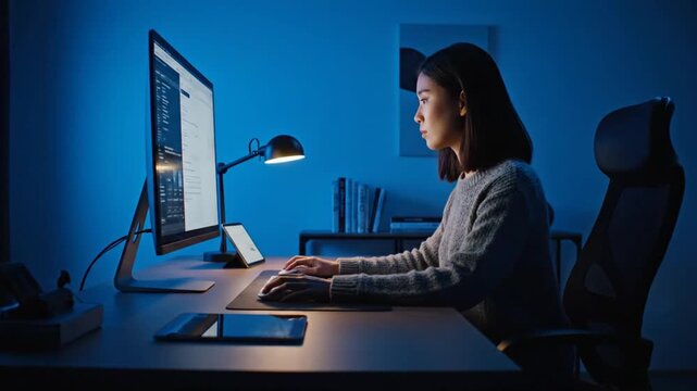Woman working late on computer in a dimly lit office environment at night