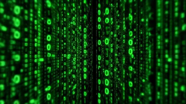 visually striking image featuring streams of glowing green alphanumeric characters cascading down a dark background, reminiscent of the iconic "Matrix" movie visuals. This abstract representation evok