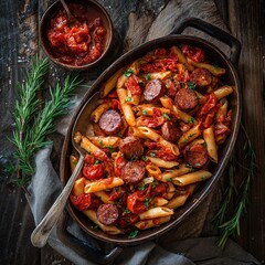 Penne pasta with sausage, tomato cherry sauce